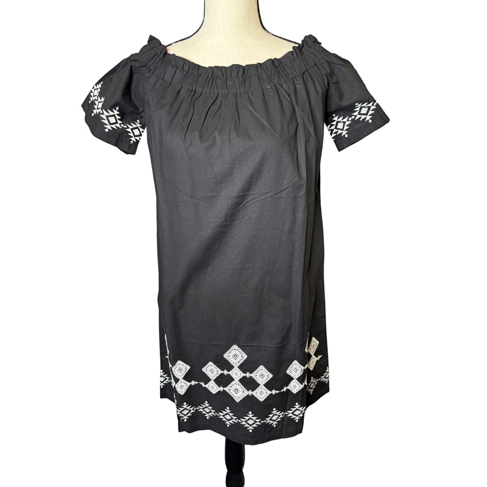 Merigold Kiss Womens Black Off Shoulder Embroidered Mini Shift Dress Boho Mini M
